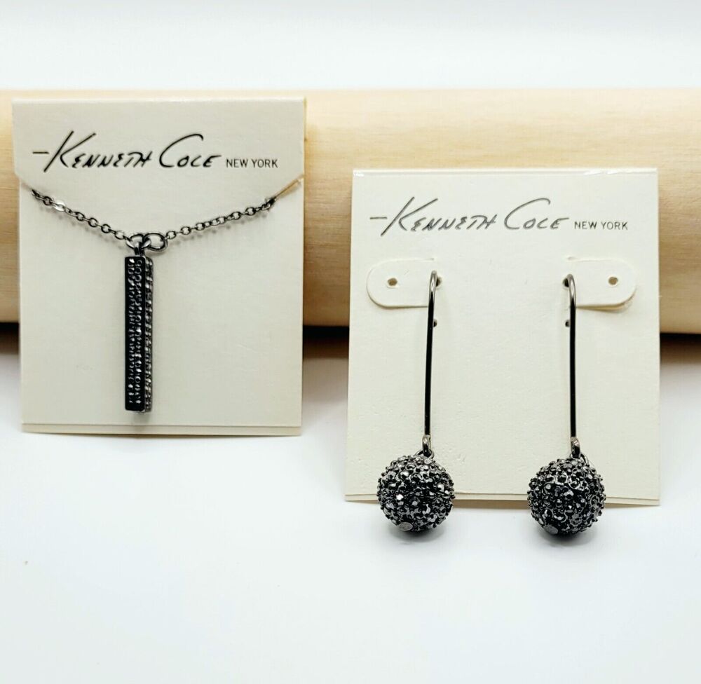 KENNETH COLE Hermatite Tone w/Cut Crystals Necklace & Earrings SET-- NEW!